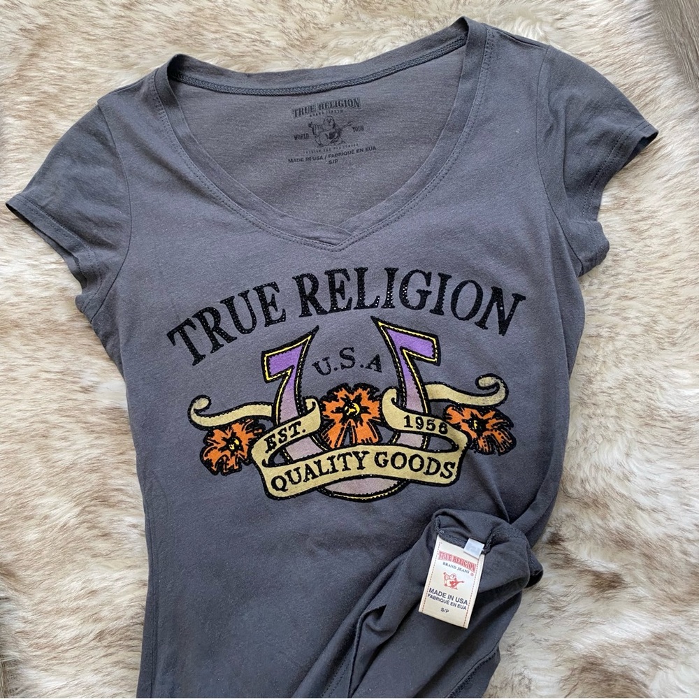 Y2K True Religion Rhinestone Slim Fit VNeck Tee Made in USA